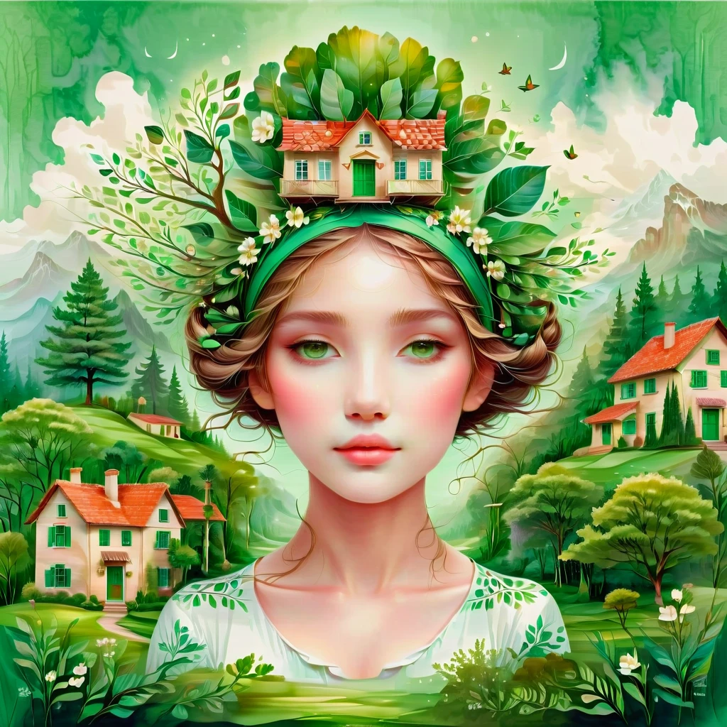 flat，vector，Beautiful girl with green eyes，Wearing an elegant headband，Hair decorated with elements of nature and home，Carrying a house on your head，Carrying houses and buildings on your head，The town above your head，tree above head，enlargement，simple，Hand drawn illustration style，cute cartoon design，Green palette，Birds were flying around her face.，produce: Hsiao Ron Cheng，Patchwork patterns on fabric are used in whimsical illustrations..