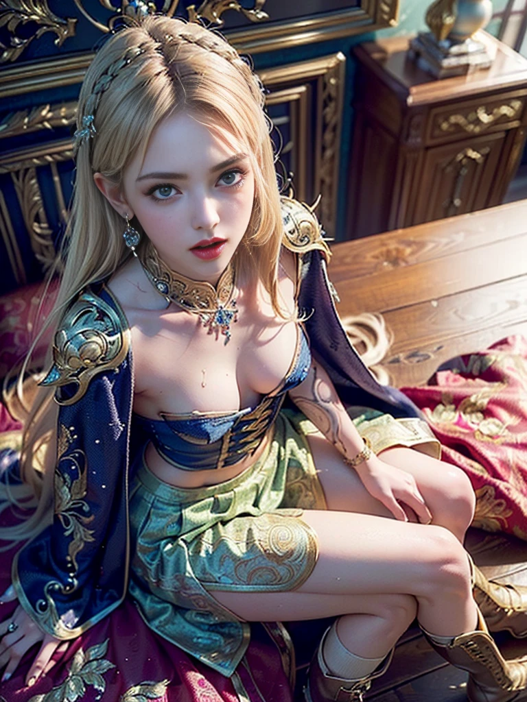 (((masterpiece, best quality))), (((high quality))), (((high resolution illustration))), (((hyper detail))),NSFW, (((Wordsworth's Sharon))),(((Very beautiful long blonde hair))), (((Very beautiful face))), ((((Detailed face)))),(((very beautiful blue eyes))),(((Realistic Skin))),(((her face is flushed))),(((slim body))),(((slim thighs))),(((small breasts))),(((very beautiful slender legs))),(((platinum armor with extremely detailed and intricate decoration))),(((A skirt with extremely detailed and intricate decoration))),(((Boots with extremely detailed and intricate decoration))),(((A cloak with very detailed and intricate decoration))),(((beautiful earrings))),(((beautiful hair ornaments))),(((at the very beautiful bed))),(((wet her skin))),(((1girl))),(((saliva))),(((very angry))),(((sitting))),(((from above)))