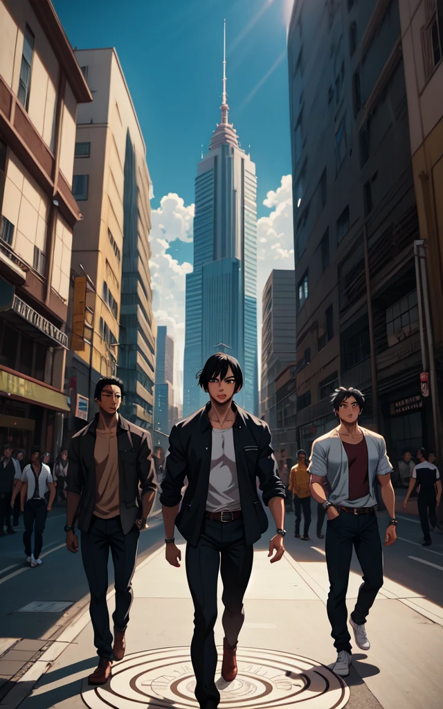 A few guys, Young guys, stand in a circle, In the city, black hair, the quality is perfect, realistic, cool anime 8K, anime art, masterpiece, high quality 