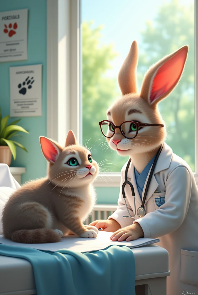 Doctor rabbit in hospital with cat patient 