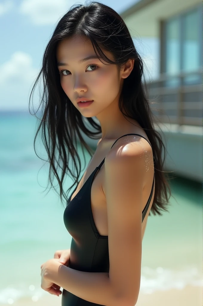 Beautiful Japanese model posing in a swimsuit。M-shaped legs