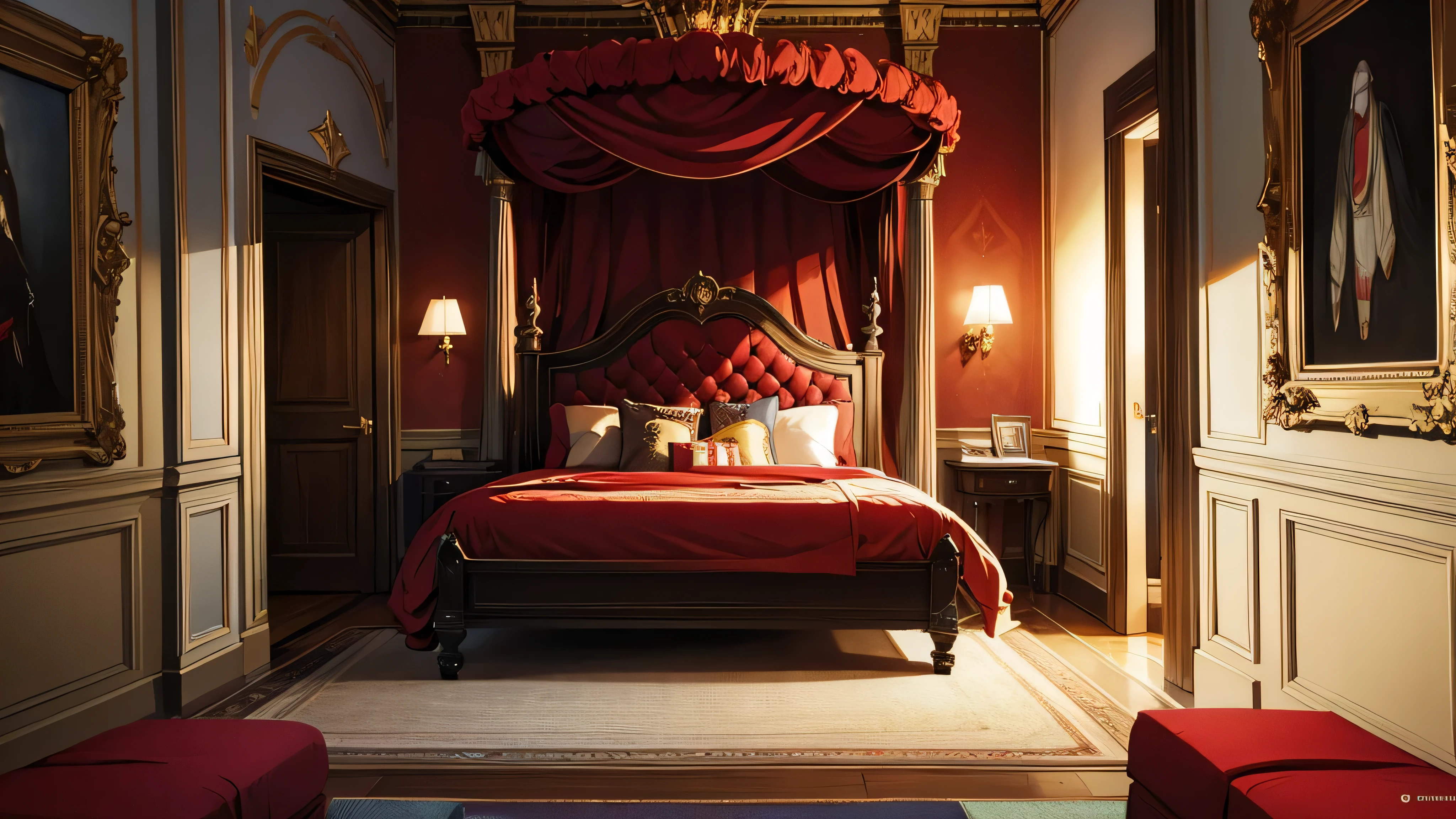 a dark room, The Red Bed, royal box, old paintings, gold engraving