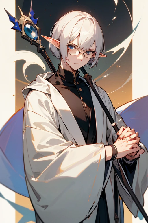 male、1 person、solo、male性、Short Hair、Straight Bob、adult、perfection、大柄のmale、Stocky build、Elf、Magic Mentor、Long staff、Glasses、Delicate Robe、Slender、stylish、Clumsy Hands、Elegant、Pride、Sharp Eye、Disgust、Frown、Glare、Severe、Irritation