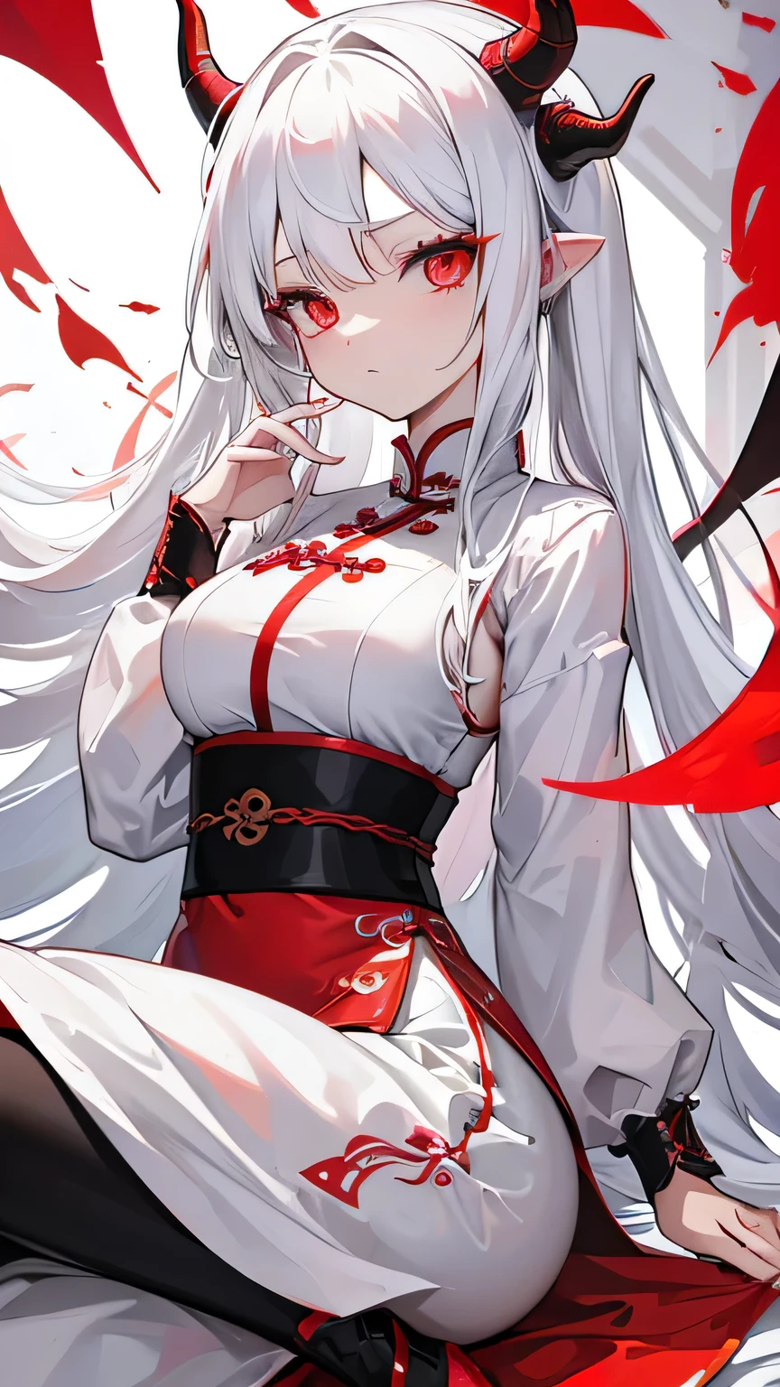 (white_hair), (dragon_horns), (red_eyes), (1_girl), (long_hair), (qipao)