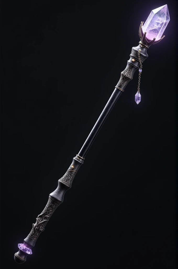 A black wand, with quartz set in the handle, ornate