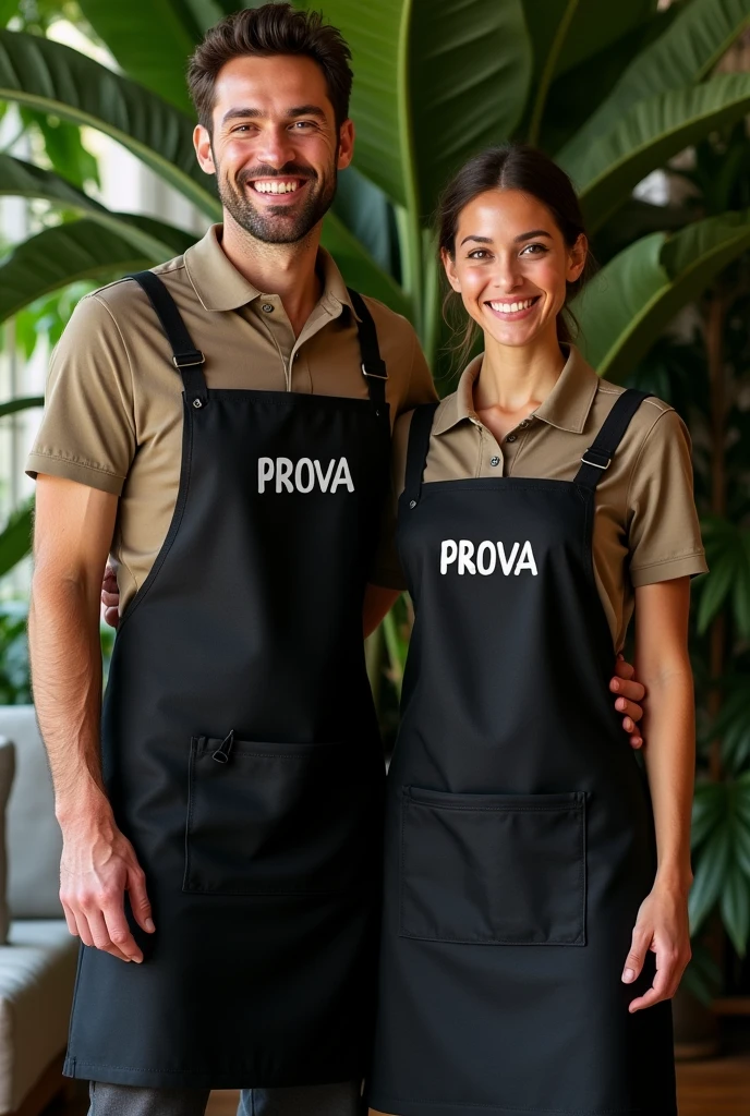 I would like a waiter and waitress in a dark khaki polo shirt, a black apron for the lower body, with the word "PROVA" written in the center of the apron, with a background of tropical plants.