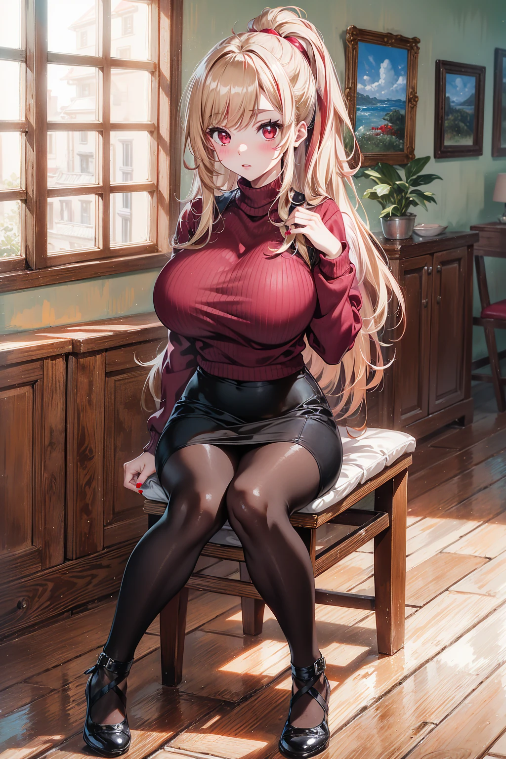 absurd, 8K, high resolution, ultra detailed, beautiful, masterpiece, best quality, very pretty woman, young, (very big breasts:1.1), very attractive, long pencil skirt, pink turtleneck sweater, full body, ponytail, marin kitagawa, long hair, bangs, blonde hair, (red eyes:1.5), multicolored hair, pink nails,