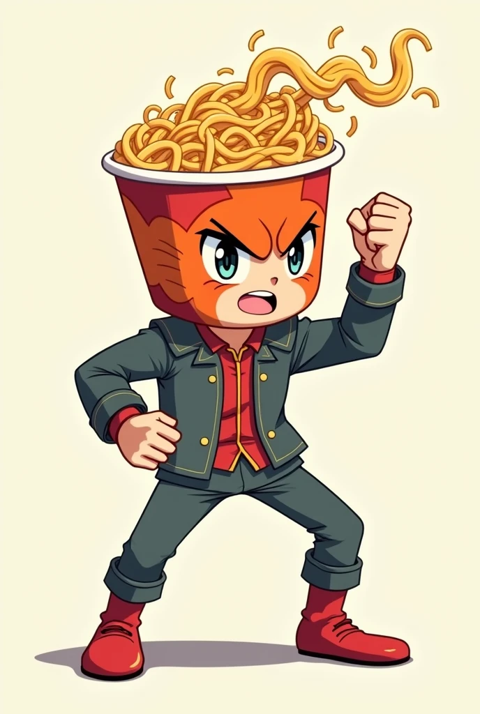 An anime character in the shape of a cup noodle is facing forward and making a punch pose。