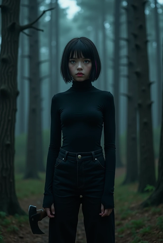 Then, Por favor, create a real photograph of a 15 year old girl with one eye white. She has large breasts. She has short hair with side bangs and two small COLORFUL streaks in her hair., one pink and one blue. She wears a black turtleneck bodysuit, black wide-leg pants with side pockets and black ALL star sneakers. She is in the middle of a pine forest AT NIGHT, His expression is serious and he is holding a hatchet.
