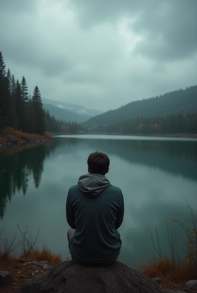 Man back ，Depression，In the forest，There is a lake in a distant place，heavily clouded，Textured clouds