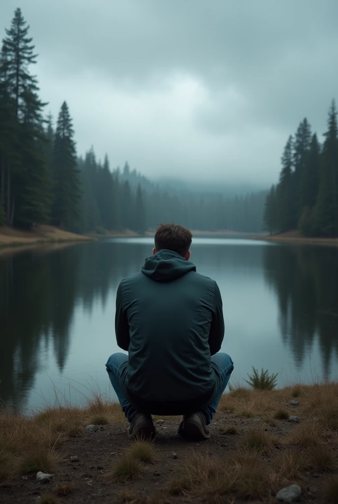 Man back ,Depression,In the forest,There is a lake in a distant place,heavily clouded,Textured clouds