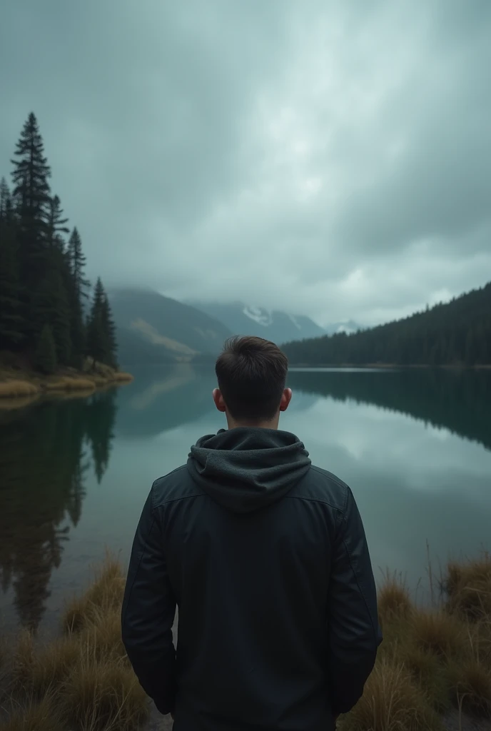 Man back ,Depression,In the forest,There is a lake in a distant place,heavily clouded,Textured clouds