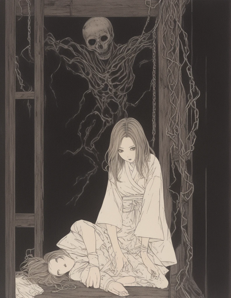 Japanese line drawing    , Two female students tying each other up with chains and rope in a garden, knots, BDSM , Floral Damask Background ,  Takato Yamamoto style、Please generate an illustration of a beautiful girl being surprised by a ghost in the hallway of a dilapidated wooden haunted house. her hair color is white. Her hairstyle is medium hair. Her eyes widen in surprise. A speech bubble is coming out of her mouth and it says "!?". She is wearing a well-designed white shirt. She is wearing a jet black skirt, long white socks and brown loafers. She puts her hands on her chest and looks around. She is inside a haunted house and is walking down a long hallway. Inside the haunted house, there are broken windows and many cute ghosts. anime key visuals, impressive details, insane details, best shadows, dim lighting,