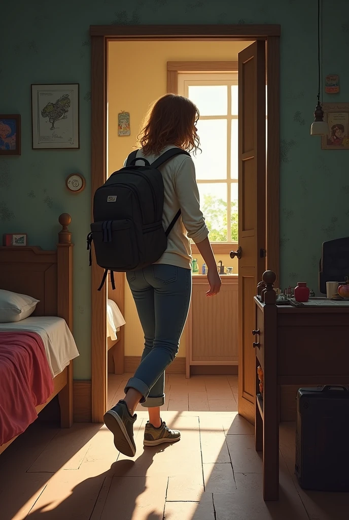 Return to HostelVisual Description: Sara walking into her hostel room, looking exhausted. Her backpack is slung over one shoulder, and she is dragging her feet as she approaches her bed.