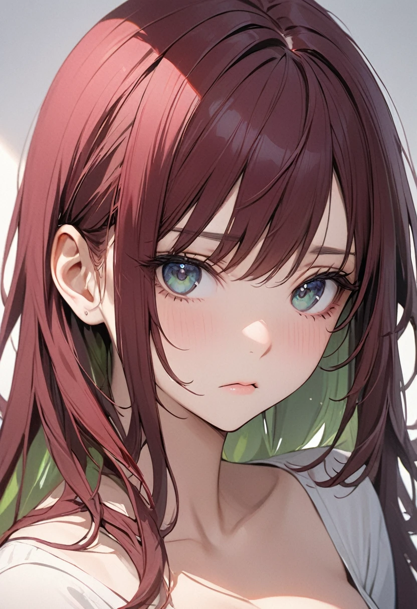 ((best quality)), ((masterpiece)), (detailed), 1girl, dark cherry red hair, long hair that stops at end of breasts, no bangs, dark blue eyes with grey and green tint inside, girl is facing the camera and looks bored. Mole under left eye and one under her right side chin. Mole. Mole under left eye. Mole on her chin.