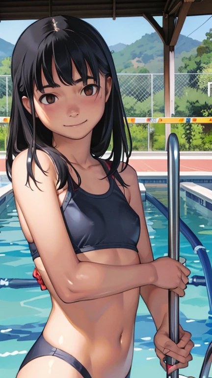 Highest quality、Realistic、girl、、zoom、Orange eyes、Black Hair、Swimwear、slender、Small breasts、Inappropriate smile、Pool、Bust Shot、