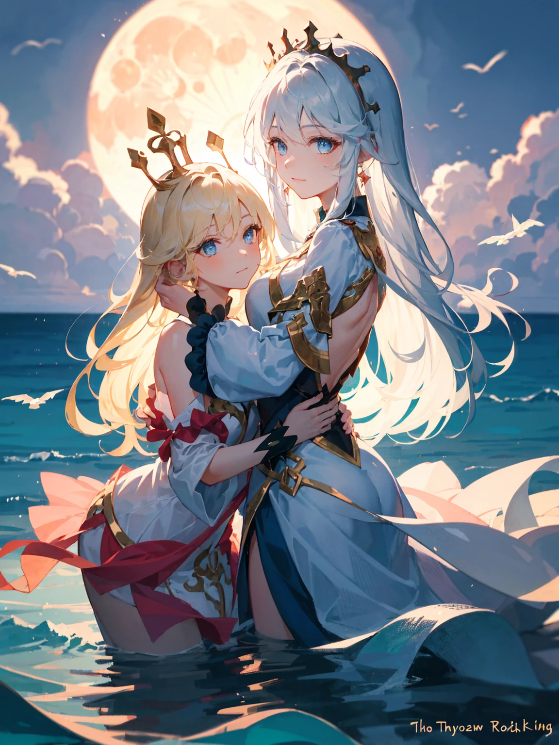 there is one girl coming out of the sea, the Swan Princess from Russian mythology, a beautiful calm face, blue eyes, blond long hair braided into one braid, the moon moon is woven into the hair on the back of the head, white old Russian shining clothes, a kokoshnik crown on her head, an affectionate look, a half-smile, a gentle expression on his face, a background seascape and sunlight, seagulls in the sky, full-length, Photorealism