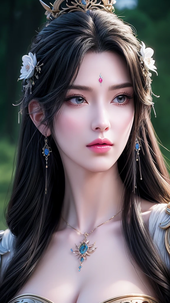 A busty woman、Close-up of a woman with very long hair, 4K detail fantasy, Movie goddess close up shot, Extremely detailed photos of the goddess, Super detailed fantasy characters, Portrait of the Knights of the Zodiac, Beautiful fantasy queen, 2. 5D CGI anime fantasy artwork, wow 4K detail fantasy, Beautiful and elegant queen, Portrait of the Queen