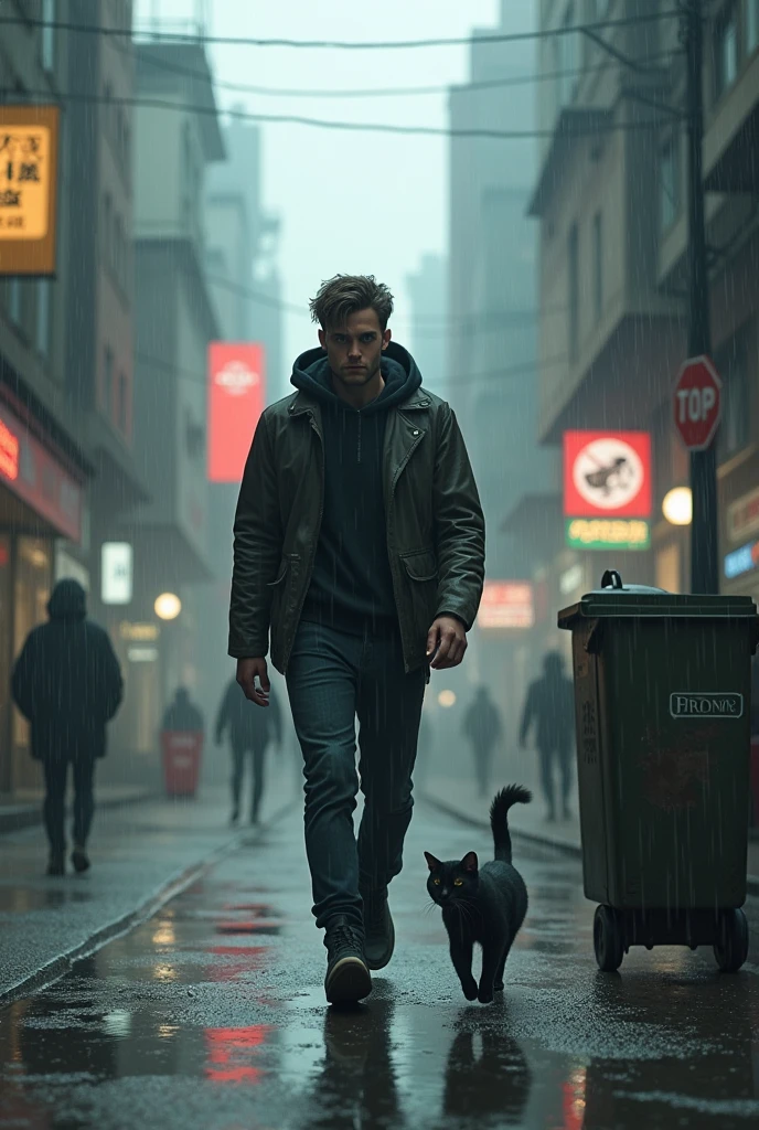 A Young man walking down a street, in a dystopian city , rainy day, in the morning light, with degraded buildings, a cat running to a garbage dumpster, some people walking, holographs on the walls.