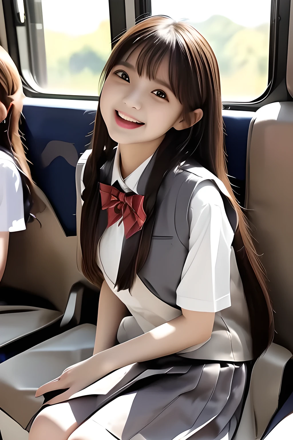 (highest quality, masterpiece, high resolution:1.2), 4K, (Photo quality detailed cute face: 1.4), (Giorgione painting style: 0.8), geometry, ( yo cute girly Japanese girls are seated and looking ME up in a train: 1.4), A mix of succubus and Japanese, (The train seats are made from the body of succubus with sailor-school-uniform: 1.2), Laughing cutely, (neat girly white short-sleeves school blouse: 1.0), (puffed short sleeves: 1.0), (Dark red glossy school ribbon on the breast: 1.0), (Gray Japanese school girly vest Uniform: 1.2), (Box-pleated gray short school skirt: 1.2), (Extremely laughing cheeks: 1.0), (Beautiful light-amber cute-dolly large clear eyes with detailed cutely: 1.4), (Long bottom eyelashes: 1.2), (Expressing the greatest joy with her whole body: 1.2), (Glossy lips: 1.0), (Super-straight super-long hair: 1.5), (white and clear skin: 1.0), (Promoting Shampoo: 1.2), (Strong yearning: 1.2)