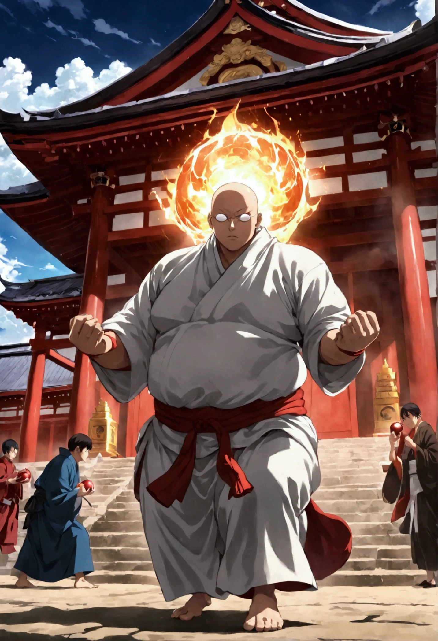 Japanese monk、Little sumo wrestler、Round sunglasses、Equip a ritual item、Hero of Justice、One Punch Man、Japanese Temples、strongest、Exorcising evil spirits、