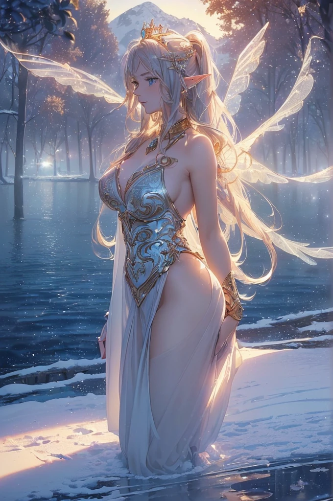 character: A beautiful woman, legendary, ((((realistic oil art, 46-year-old Empress, vibrant look, ((an elf, with golden color hair. she has a pair of huge golden wings behind her, and she holds a silver-white weapon , modest)), perfect body figure, very big breast, very big ass, beautiful face, milf, royal, shine eyes, blue eyes, ponytail long hair style, beautiful skin, naked                                                                                                                  details: 1girl, masterpiece, extremely detailed, (beautiful detailed glow), lens flare, red flare lens, sun flare, clouds, backlighting, (blue sky)
, light from behind, shadow on the figure, sparkling snow ,smile, laughter, standing in the distance, looking at the viewer, full-length
, elegance under the sun, hair ornament, movement motion, image look alive, Extremely details hair, fine details, cinematic lighting, beautiful lighting effect, creative design, full body frame, divine aura, hard harmony , sun light, perfect color transition, perfect balance of contrast, perfect color layer, perfectly smooth color blur, soft rendering, smooth color stroke, moon glare, optic lens, moonlight ray, soft colors, smooth colors blend, perfect color rendering, harmony, perfect color harmony, beautiful color, soft harmony, light particles, perfect details, intricate details, color prism, fine details, refine details, different view point))), Tachibana Omina art style, affectionate eyes, half a smile, slightly open mouth, a gentle expression on his face, serene scenery of  flower under the snow, snow flake floating around, calm, breeze, sun, lake, reflection, in the background, butterflies in the sky, realism, ((Best quality))),8k,((Masterpiece)),(Extremely refined and beautiful)