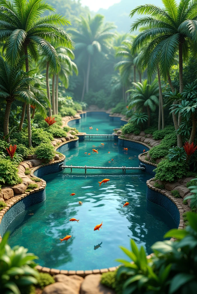 It creates a model of 2 ponds for fish farming in the middle of the jungle.
