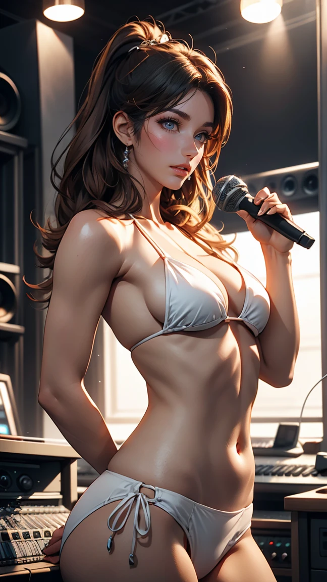 girl in white bikini holding a microphone in a recording studio, small , beautiful detailed eyes, beautiful detailed lips, extremely detailed face and skin, long eyelashes, graceful pose, high quality, 8k, photorealistic, studio lighting, professional photography, warm color tone, dramatic lighting