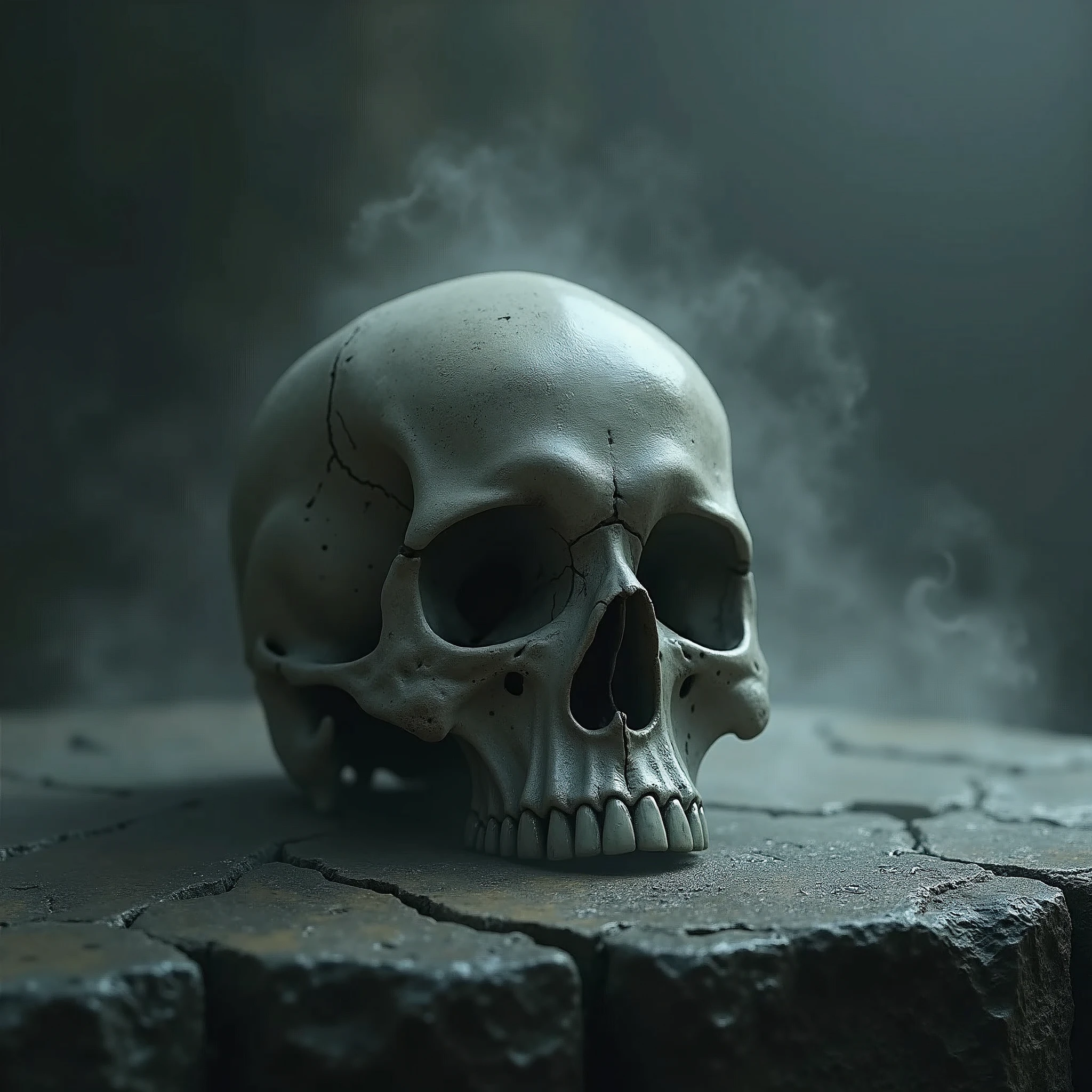 Skull placed on a stone surface, surrounded by subtle mist, moody and atmospheric lighting