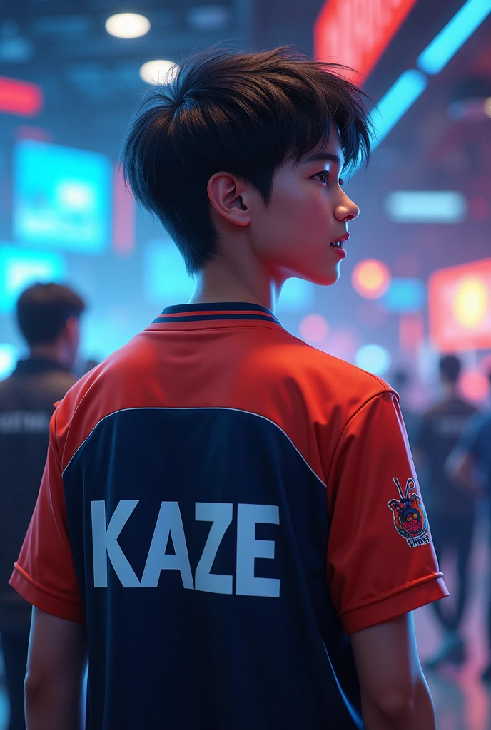 A young man gamer wearing esports jersy with a name 
"K A Z E" at the back