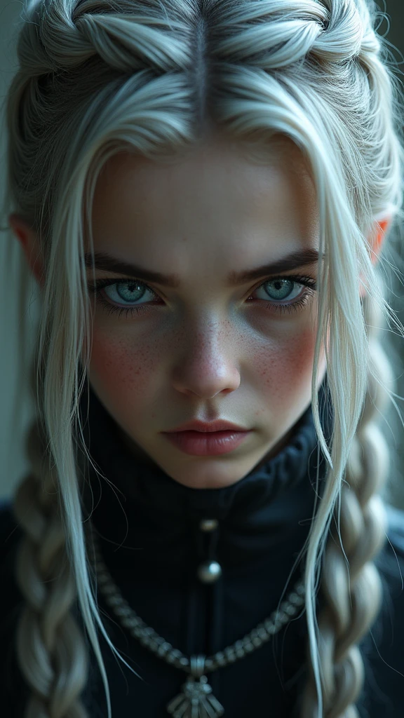 A 22-year-old girl with silver braided hair, intimidating expression, dark fantasy, detailed face, beautiful eyes, high quality, intricate details, cinematic lighting, dramatic colors, photorealistic, fantasy art