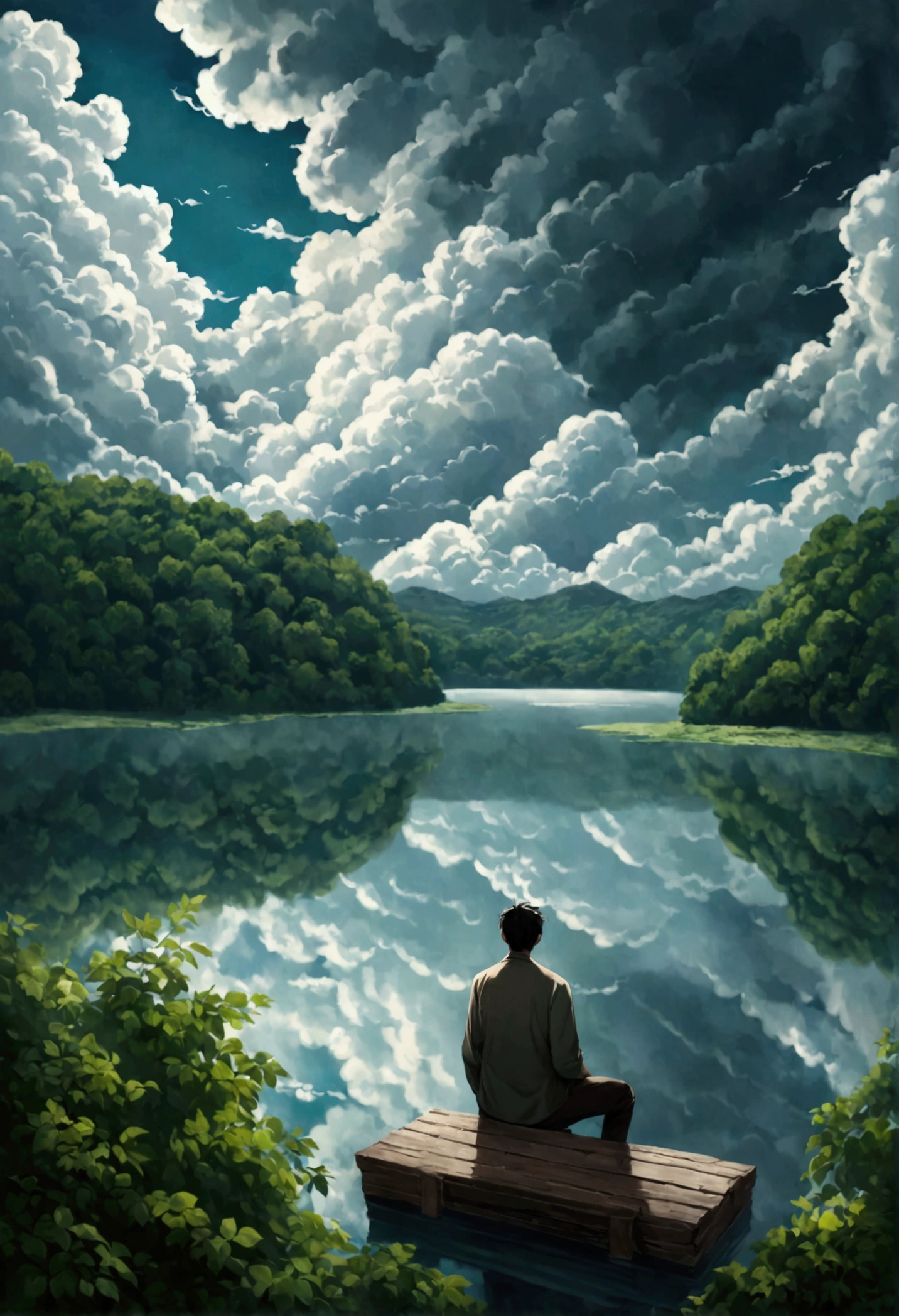 Man back ,Depression,In the forest,There is a lake in a distant place,heavily clouded,Textured clouds