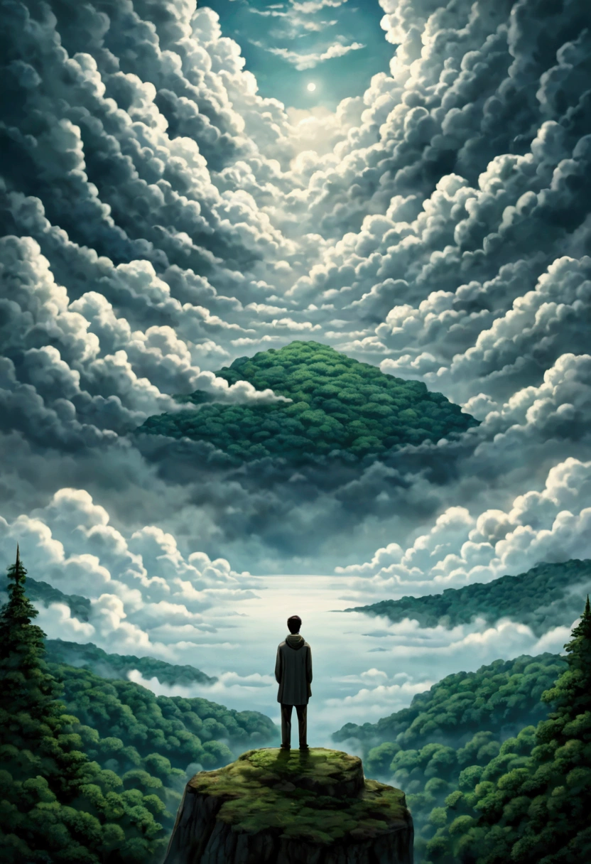Man back ,Depression,In the forest,There is a lake in a distant place,heavily clouded,Textured clouds