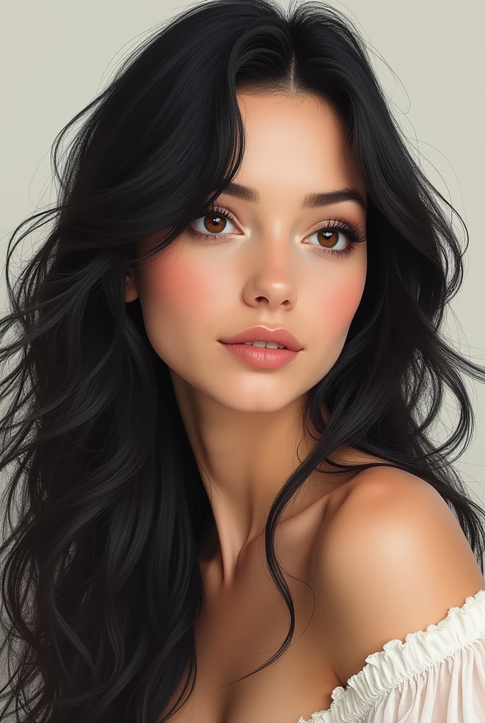 Imagine a woman with dark wavy hair, quite long falling softly over the shoulders. The hair has a subtle shine and well-defined waves, giving an air of movement and fluidity. Eyes are large and expressive, with a shine that highlights its natural brown beauty. in the form of a drawing