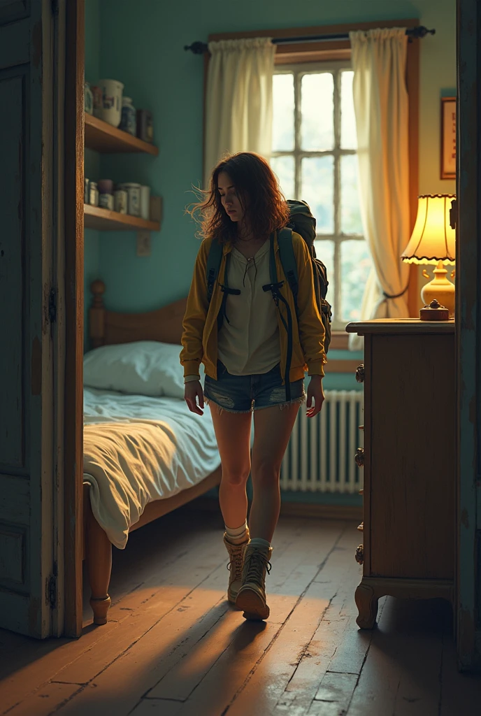 Return to HostelVisual Description: Sara walking into her hostel room, looking exhausted. Her backpack is slung over one shoulder, and she is dragging her feet as she approaches her bed. Use same character as last