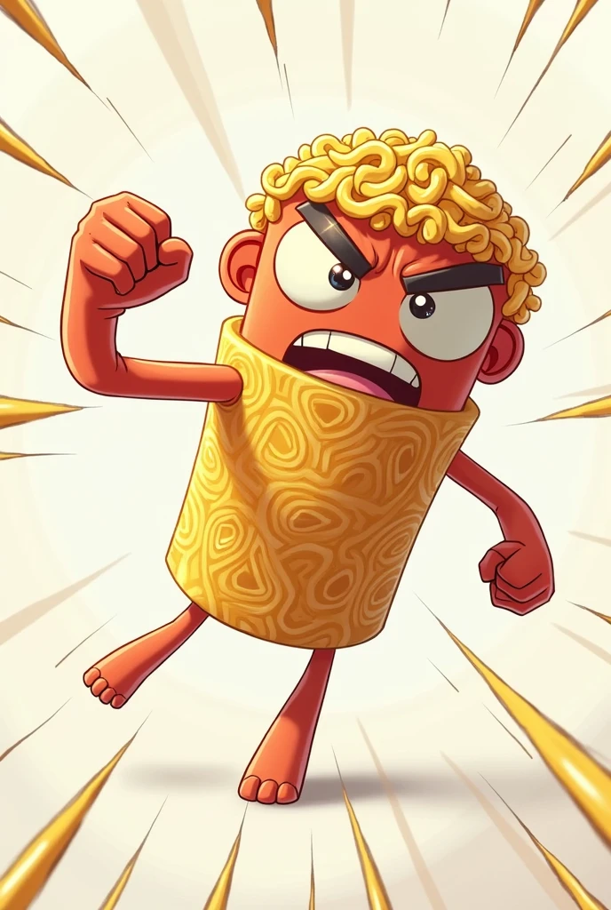 A cup noodle-shaped anime character is facing forward and making a high-speed punch pose。