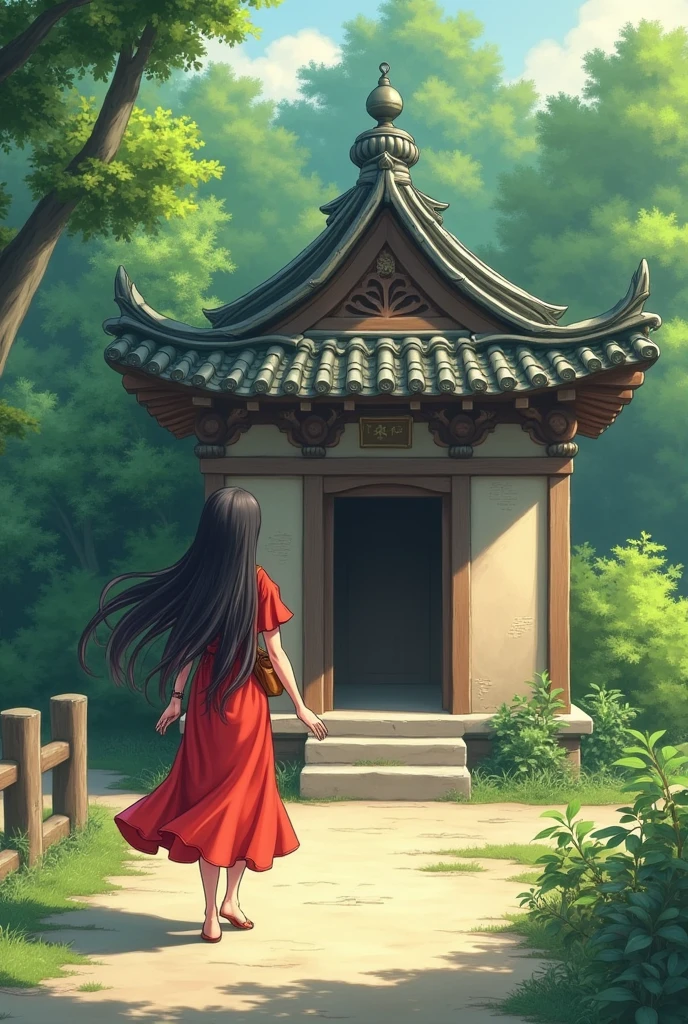 A girl in red dress walking beside small temple with long black hair and with a bag on her back