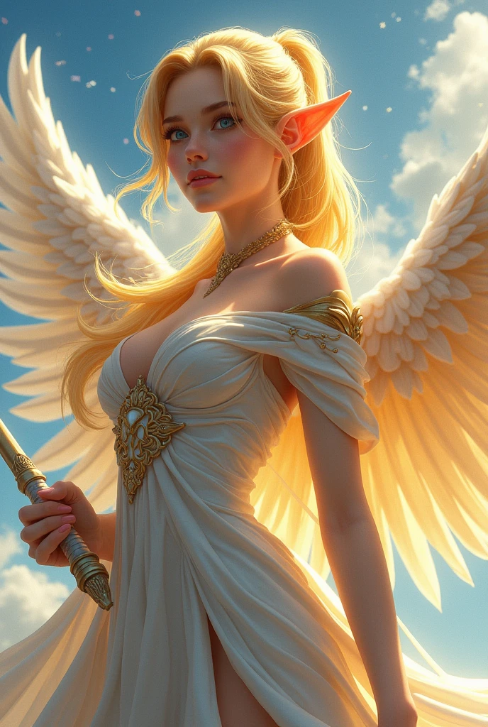 character: A beautiful woman, legendary, ((((realistic oil art, 46-year-old Empress, vibrant look, ((an elf, with golden color hair. she has a pair of huge golden wings behind her, and she holds a silver-white weapon , modest)), perfect body figure, very big breast, very big ass, beautiful face, milf, royal, shine eyes, blue eyes, ponytail long hair style, beautiful skin, naked details: 1girl, masterpiece, extremely detailed, (beautiful detailed glow), lens flare, red flare lens, sun flare, clouds, backlighting, (blue sky) , light from behind, shadow on the figure, sparkling snow ,smile, laughter, standing in the distance, looking at the viewer, full-length , elegance under the sun, hair ornament, movement motion, image look alive, Extremely details hair, fine details, cinematic lighting, beautiful lighting effect, creative design, full body frame, divine aura, hard harmony , sun light, perfect color transition, perfect balance of contrast, perfect color layer, perfectly smooth color blur, soft rendering, smooth color stroke, moon glare, optic lens, moonlight ray, soft colors, smooth colors blend, perfect color rendering, harmony, perfect color harmony, beautiful color, soft harmony, light particles, perfect details, intricate details, color prism, fine details, refine details, different view point))), Tachibana Omina art style, affectionate eyes, half a smile, slightly open mouth, a gentle expression on his face, serene scenery of flower under the snow, snow flake floating around, calm, breeze, sun, lake, reflection, in the background, butterflies in the sky, realism, ((Best quality))),8k,((Masterpiece)),(Extremely refined and beautiful)