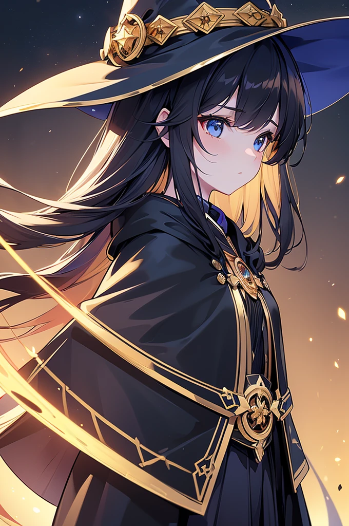 (Highest quality)　(4K)　(8k)　(High resolution)　(masterpiece:1.2)　(Super detailed)　One girl　((witch))　Night Background　((profile))　Standing posture　((Upper Body))　((Face close-up))　Serious　((Golden Hair))　((Black costume))　((Blue cloak))　((Golden decoration))