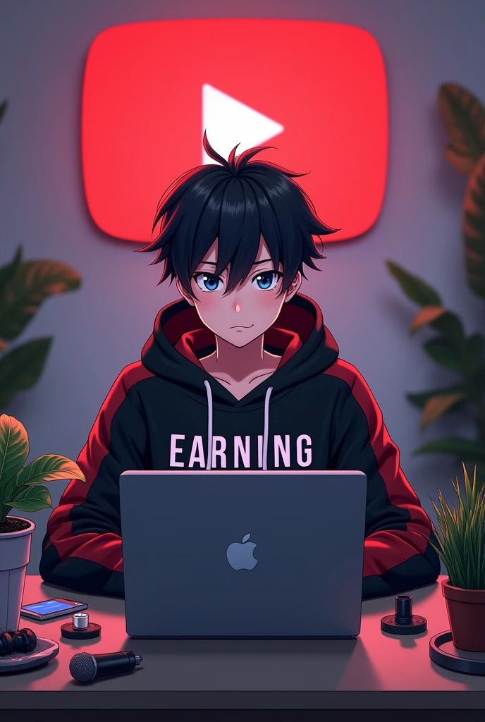 Create a image of 18 years anime boys sitting in front of a computer desk look to me
with a microphone a leptop wearing black and red hudie with channel name on it "Earning motivation" the background large YouTube logo in the wall potted plants on either side and various recording equipment