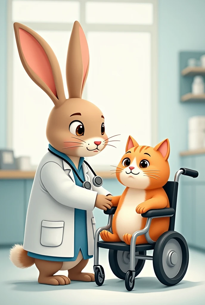 Doctor rabbit in hospital with cat patient on wheel chair
