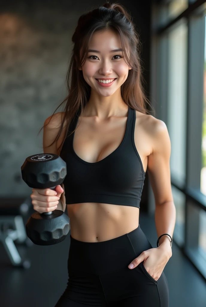 black top and leggings, tight black tank top, training bra, Sports goodness, is good at sports, gorgeous young korean woman, Dense push-up bra, low cut mike, detailed, 8k, Realism, ana de armas, Gym, dumbbell in hand