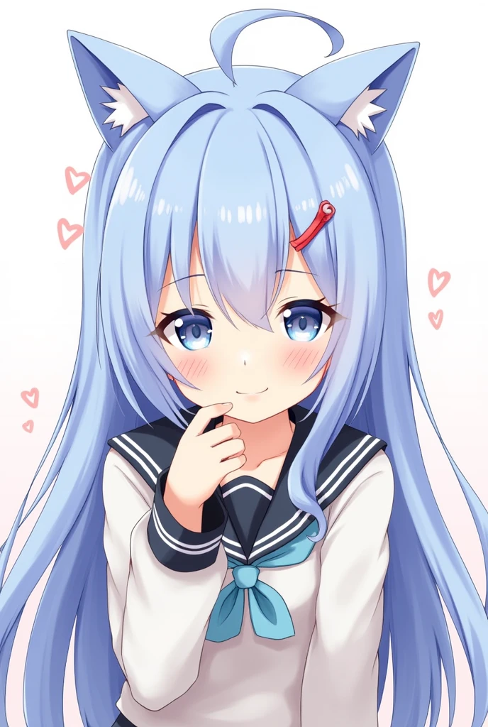  One girl, blue eyes, Long Hair, Blue Hair, Long sleeve, bangs, Cat ear, hair ornaments, Sleeves are longer than the wrist, blush, Staring at the audience, Hair between the eyes,beautiful girl, Heart symbol on background,High School Uniform,smile
