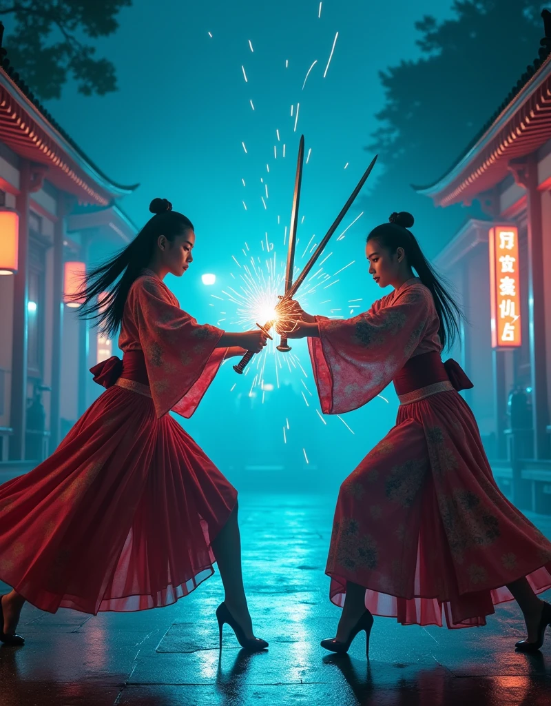 The movie poster captures a cinematic scene from a unique camera angle, showcasing a long shot, wide view at ground level of two goddesses locked in an intense katana duel. They are adorned in vibrant kimonos with modern layered micro skirts and sleek stiletto heels, adding a striking contrast to their fierce combat. One goddess stands, delivering a horizontal katana strike with formidable force, while the other counters with an uppercut, her knee down in a powerful stance. Each wields her weapon with a distinctive style, underscored by wind blast lines that follow the swing patterns and sparks flying from the clashing katanas. The backdrop is a Japanese temple, enveloped in the surreal blue glow of night lights, creating a scene that's a vivid fusion of heritage and high stakes.