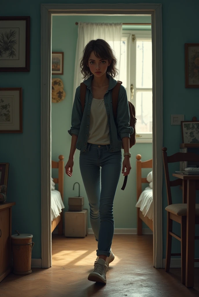 Return to HostelVisual Description: Sara walking into her hostel room, looking exhausted. Her backpack is slung over one shoulder, and she is dragging her feet as she approaches her bed. Use same character as last