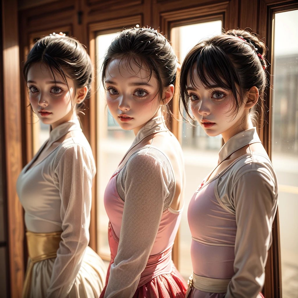SFW, ExtremelyDetailed (((Kawaii Ballet Girls Group in a row:1.37))), Childish perfect face, Reflective Eyes, Detailed(Delicate Clothing textures), Corrected Leg Line, Corrected Childish Hand, Correct limbs, Dynamic Joyful Expressions LifeLike Rendering, ((Specular Reflection:0.8)), TopQuality 8K Ultra-detailed masterpiece (ProfessionalPhoto:1.37), (Acutance:0.8), (Luminism:1.28), (Light particles:0.75), (Muscle:-0.5), facing away (from side ) (Clearly visible Beautiful hip shape)
