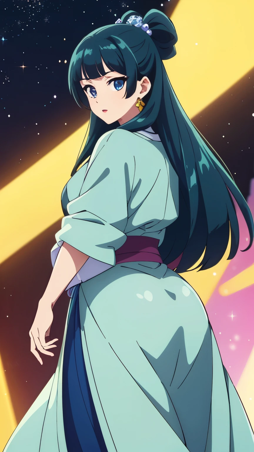 Top quality (8k, high resolution, masterpiece: 1.2), ((Goddess of beauty)), Full body hakama, super detailed, anime art style, dynamic angle, photo from behind, teen style, (full body Hakama), Perfect ass,  detailed hair, detailed blue eyes, intricate hairstyle, long hair , slim body, sparkling eyes, youthful, hair accessories, earrings, detailed lighting, bright colors, looking at the viewer, in the center of the image, cowboy shot, ((FOCUS ON ASS))