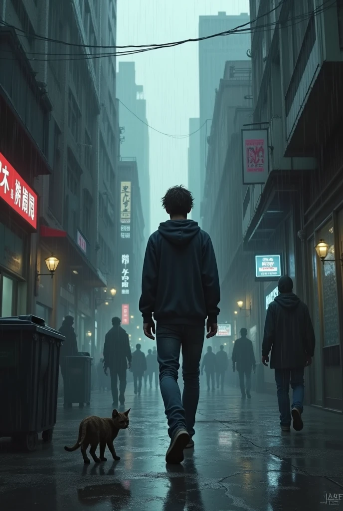 A Young man with a hoodie and jeans, walking away down a street, in a dark city , rainy day, in the morning light, with degraded buildings, a cat running to a garbage dumpster, some people walking, holographs on the walls. 