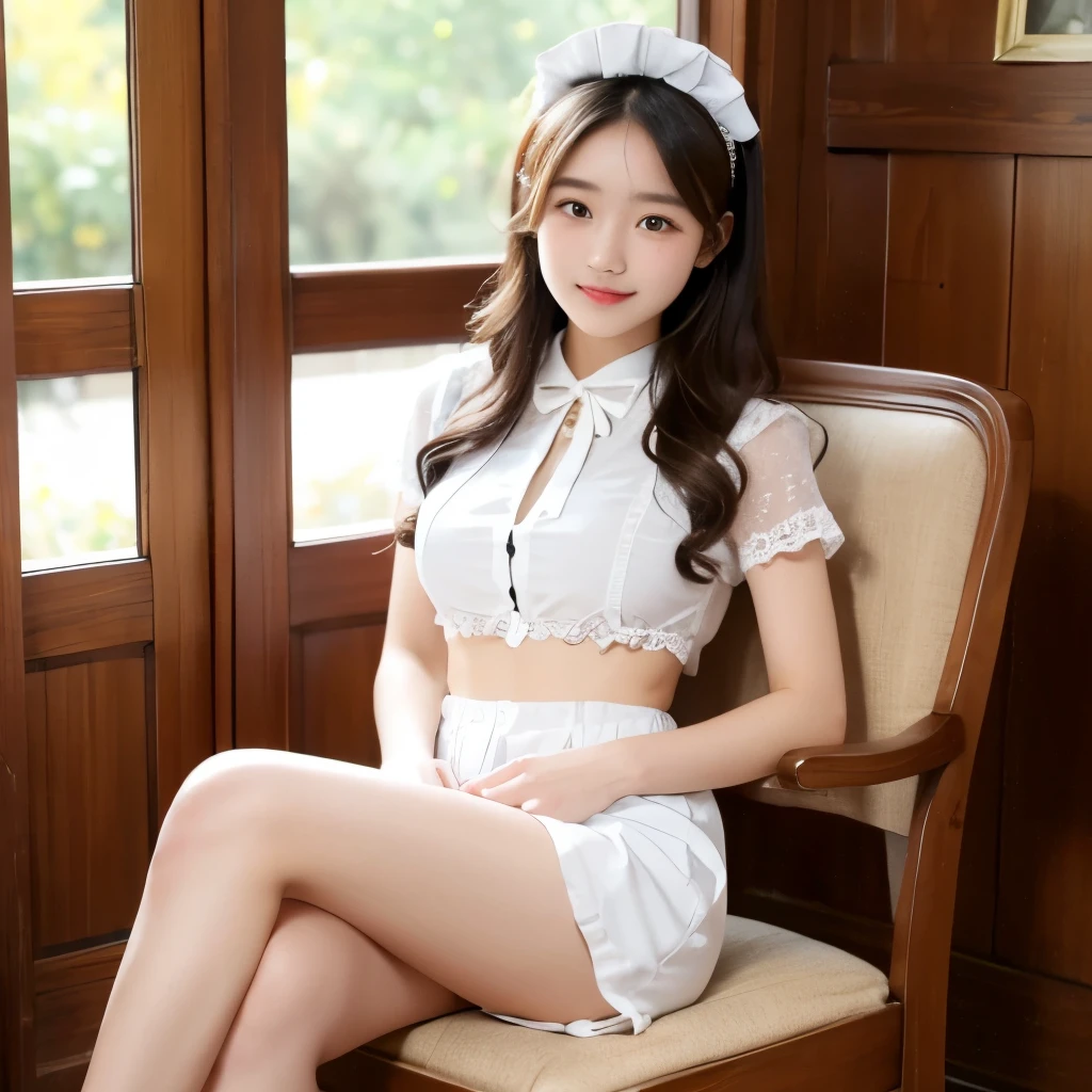 masterpiece, Highest quality, High resolution, French maid (in the early twentieth century): a (Cute young girl:1.1), White skin, , Wearing shorts, black (Maid outfit 1.2) White lace trim, Cafe, 