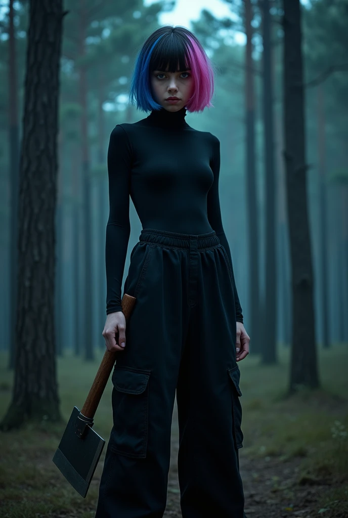 Then, Por favor, create a real photograph of a 15 year old girl with heterochromia in her eyes, one of which is white and the other brown. She has short hair with side bangs and two small COLORFUL streaks in her hair., one pink and one blue. She wears a black turtleneck bodysuit, black wide-leg pants with side pockets and black ALL star sneakers. She is in the middle of a pine forest AT NIGHT, His expression is serious and he is holding a hatchet. 